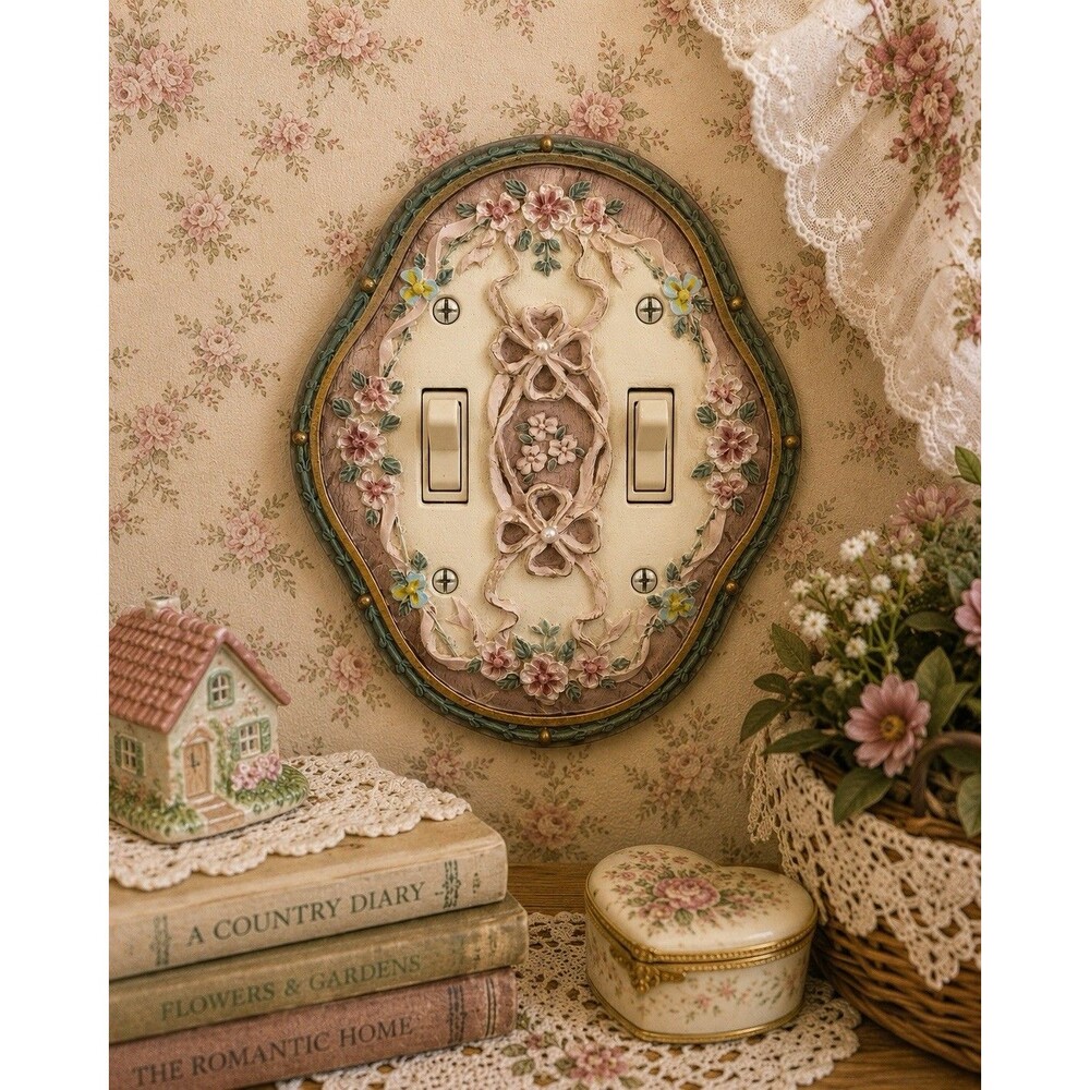 Vintage Dezine Floral Double Switch Cover Hand Painted Resin Cottage Decor Walls